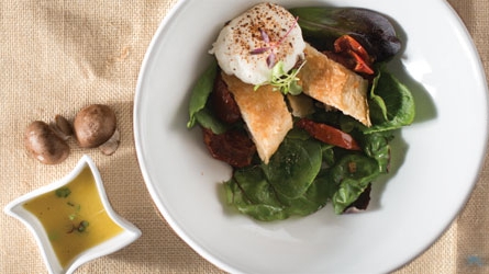 Baby Greens Salad with Roasted Vegetable Strudel, Oven-Roasted Tomatoes + Brûlée of Amish Farm Goat Cheese