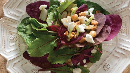 Spring Salad with Roasted Sunchokes, Hazelnuts + Goat Cheese