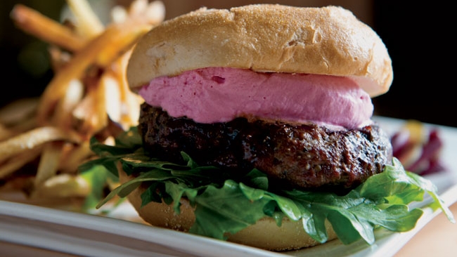Balsamic-Glazed Burgers with Arugula and Beet and Goat Cheese Mousse