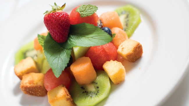 Fruit Salad with Honey Mint “Ranch” Dressing + Pound Cake “Croutons”